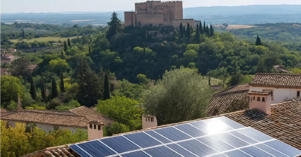 Paneles solares en un tejado de Granada con la Alhambra al fondo, ejemplo de energía solar en entorno urbano y patrimonial