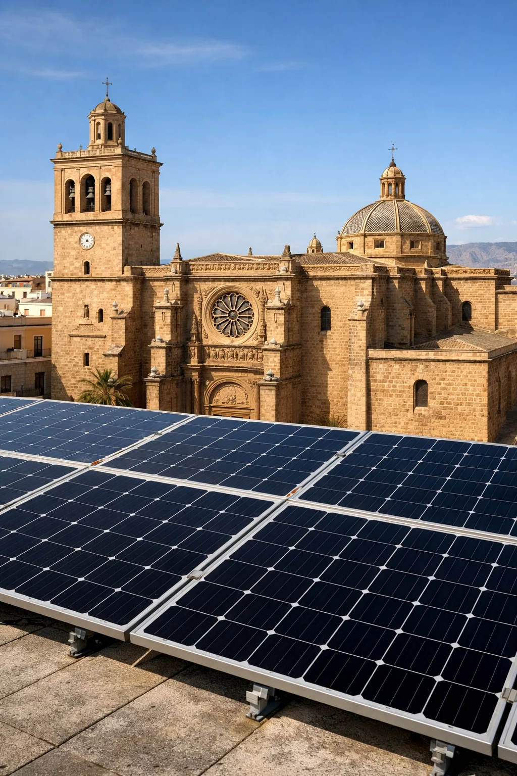 Paneles solares en Almería con la Catedral al fondo, ejemplo de comunidad energética y energía solar compartida en la provincia