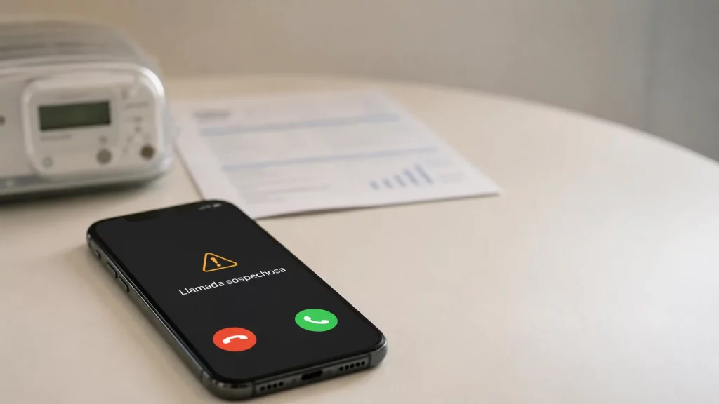 Smartphone con llamada sospechosa sobre una mesa junto a una factura de luz y un contador eléctrico desenfocados.